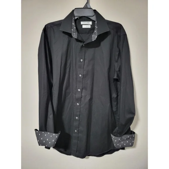 Twillory Safe Cotton Black Dress Shirt 16.5 36/37 Tailored Skull Collar Cuffs - Picture 3 of 12
